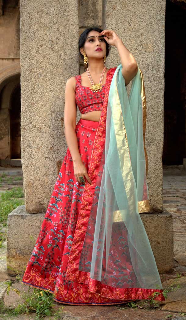 Splendorous Red Color Satin Digital Printed Party Wear Lehenga Choli -77647149