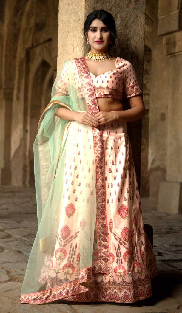 Exotic Peach Color Satin Digital Printed Party Wear Lehenga Choli -77647150