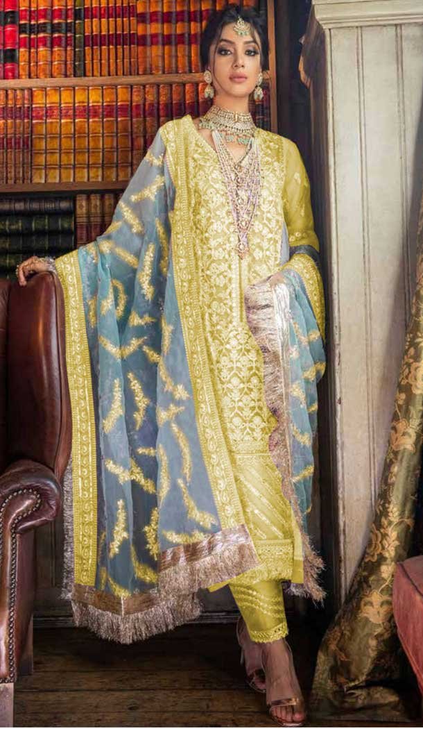 Lemon Color Butter Fly Net Embroidery Pakistani Salwar Kameez -799697599