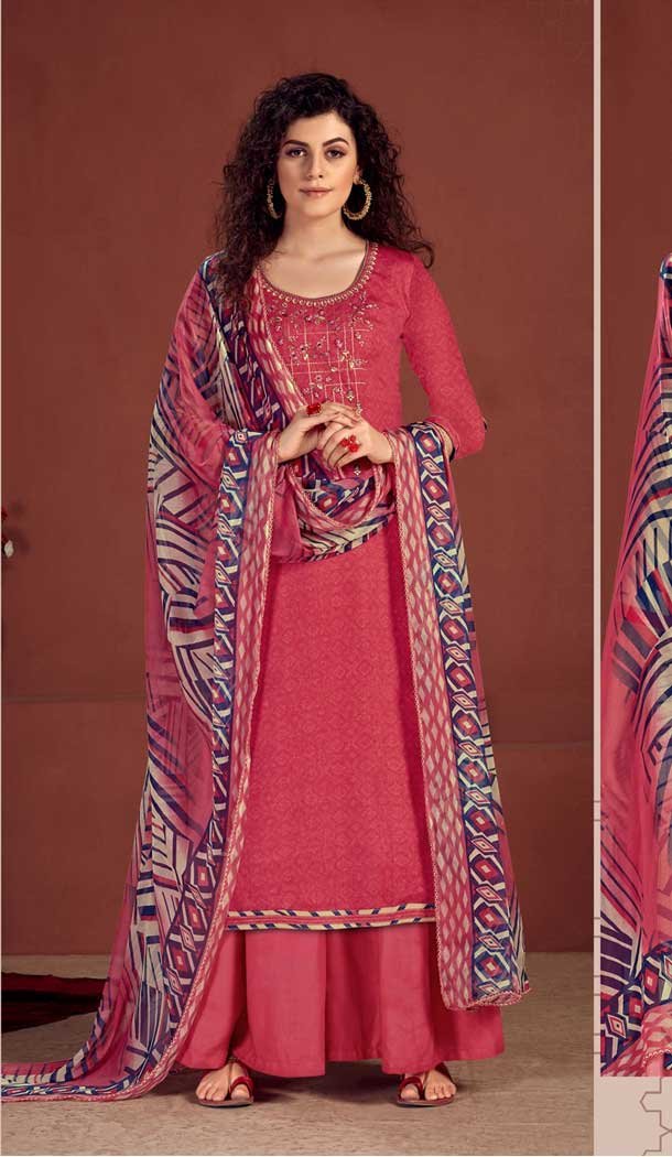 Redish Pink Color Pure Viscose Reyon Evening Wear Readymade Palazzo Suit -802998072