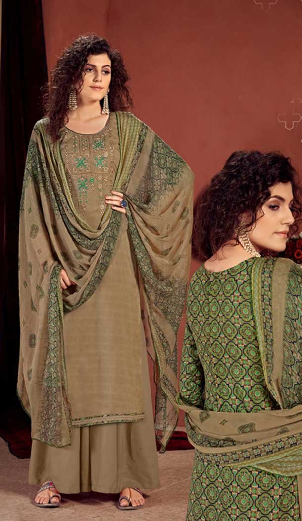 Beige Color Pure Viscose Reyon Evening Wear Readymade Palazzo Suit -802998074