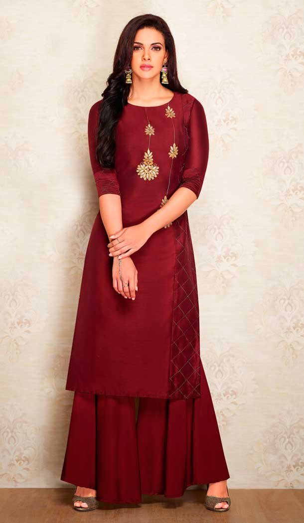 Maroon Color Pure Viscos Silk Party Wear Readymade Kurti with Palazzo -803498099