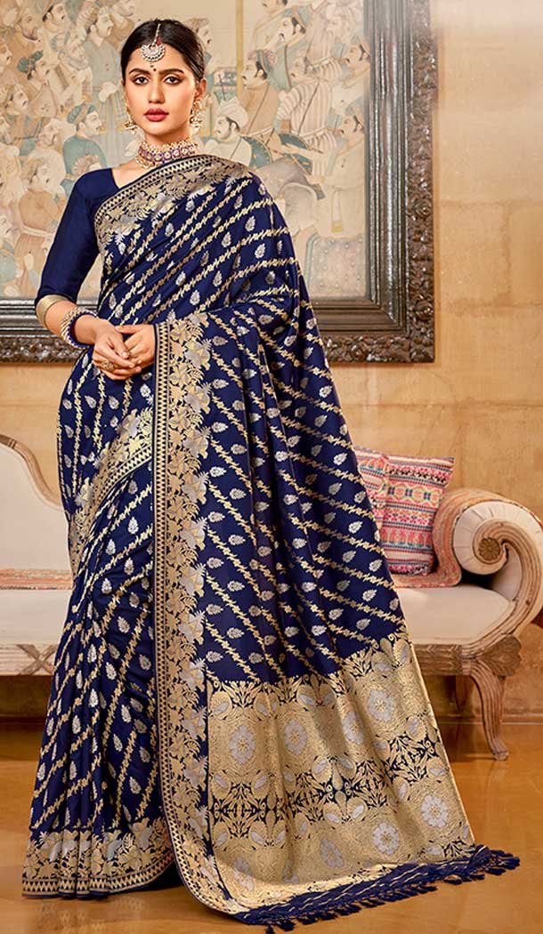 Navy Blue Color Silk jacquard Work Designer Traditional Wear Saree Blouse -804298173