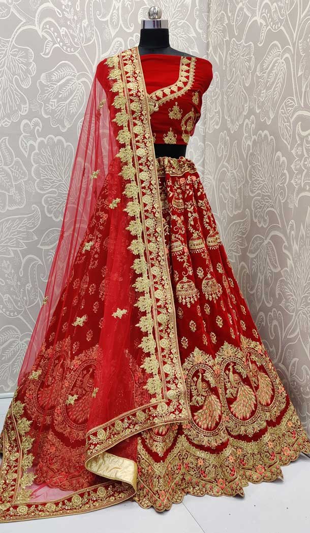 Exquisite Red Color Velvet Designer Traditional Wedding Wear Lehenga Choli -pf77857643