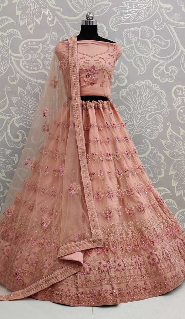 Peach Color Net Designer Traditional Wedding Wear Lehenga Choli -pf77917689