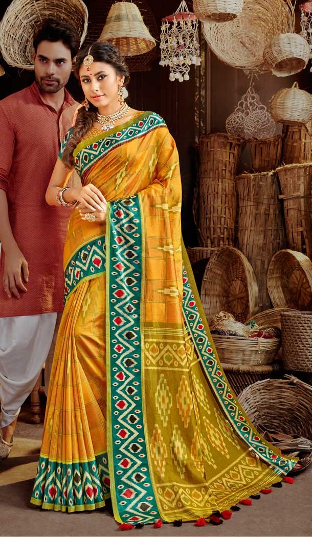 Yellow Color Silk Printed Cassual Party Wear Fancy Saree Blouse -804998219