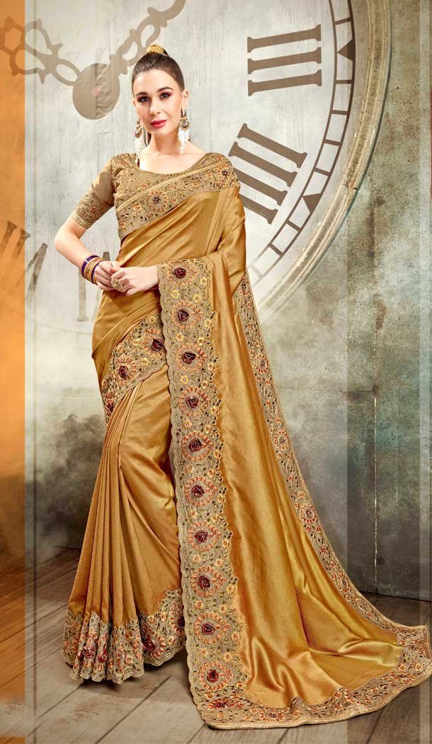 Adorable Gold Color Vichitra Silk Designer Traditional Wear Saree Blouse -806298392