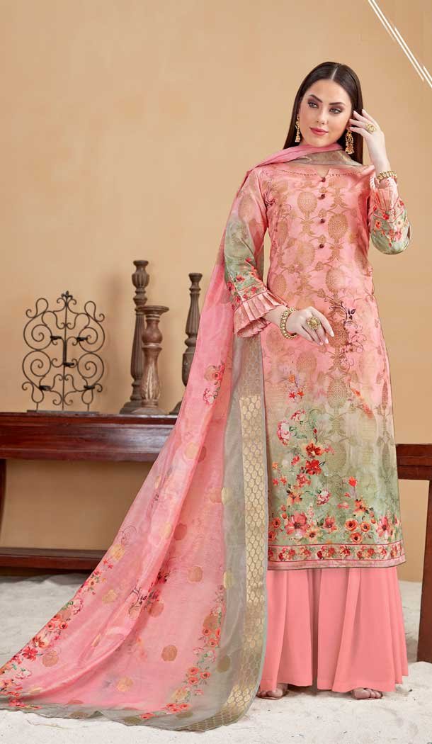 Peach Pink Color Banarasi Jacquard Evening Party Wear Plus Size Palazzo Suit -808198612