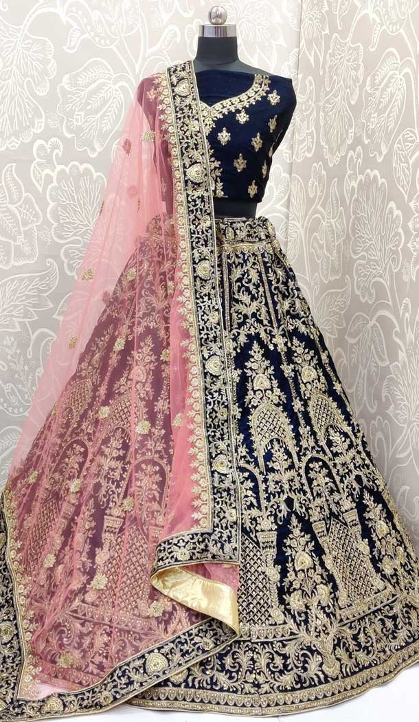 Navy Blue Color Velvet Embroidery Designer Mehendi Wear Lehenga Choli -pf78187920