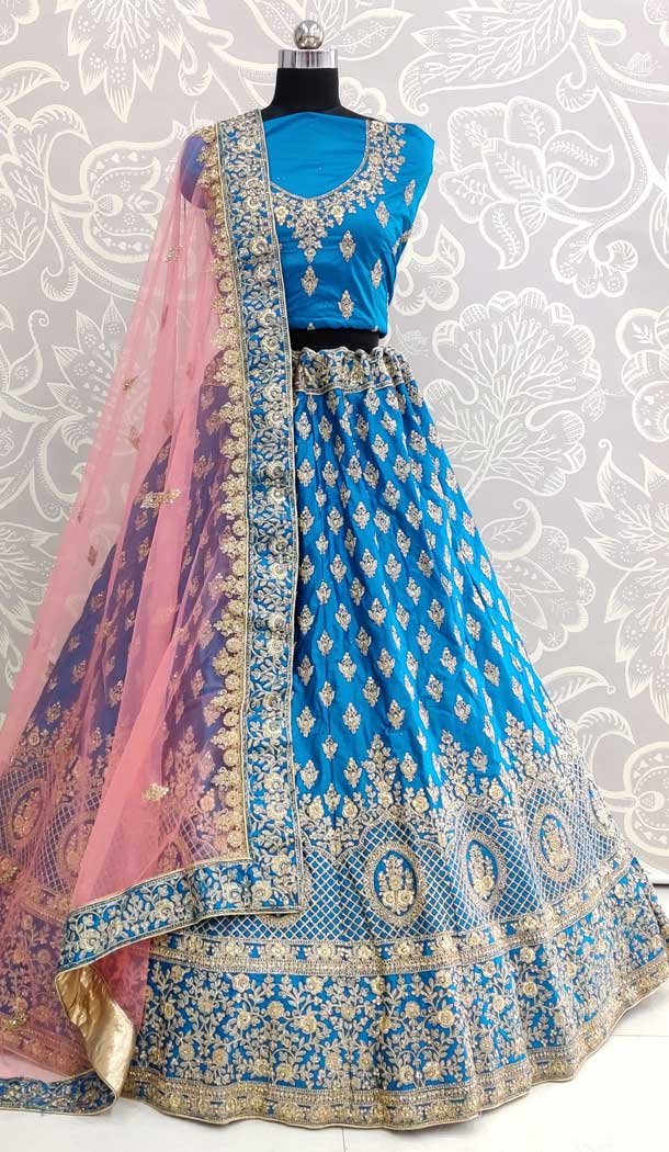 Blue Color Satin Silk Designer Mehendi Wear Lehenga Choli -pf78207931
