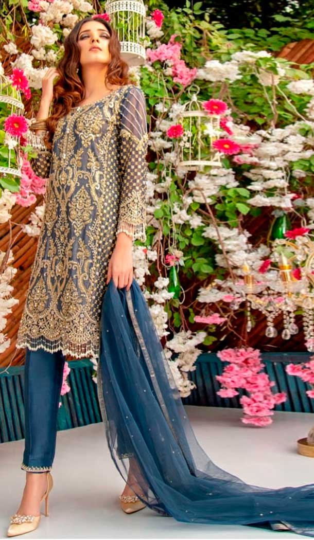 Teal Blue Color Butter Fly Net Designer Pakistani Style Salwar Kameez -811498945