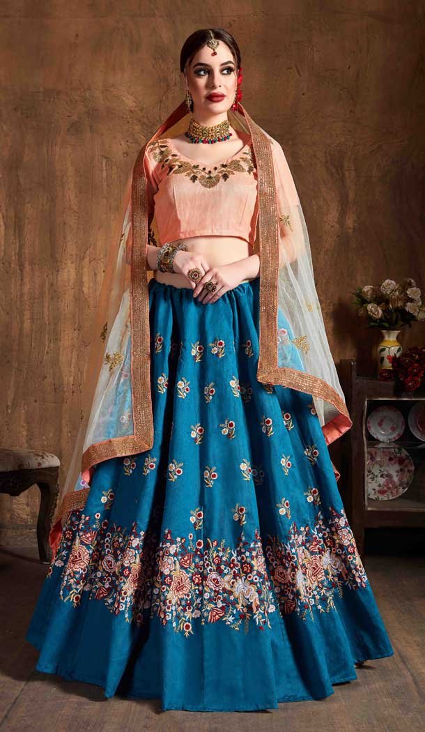 Peach Color Raw Silk Designer Mehengdi Sangeet Wear Lehenga -811698963