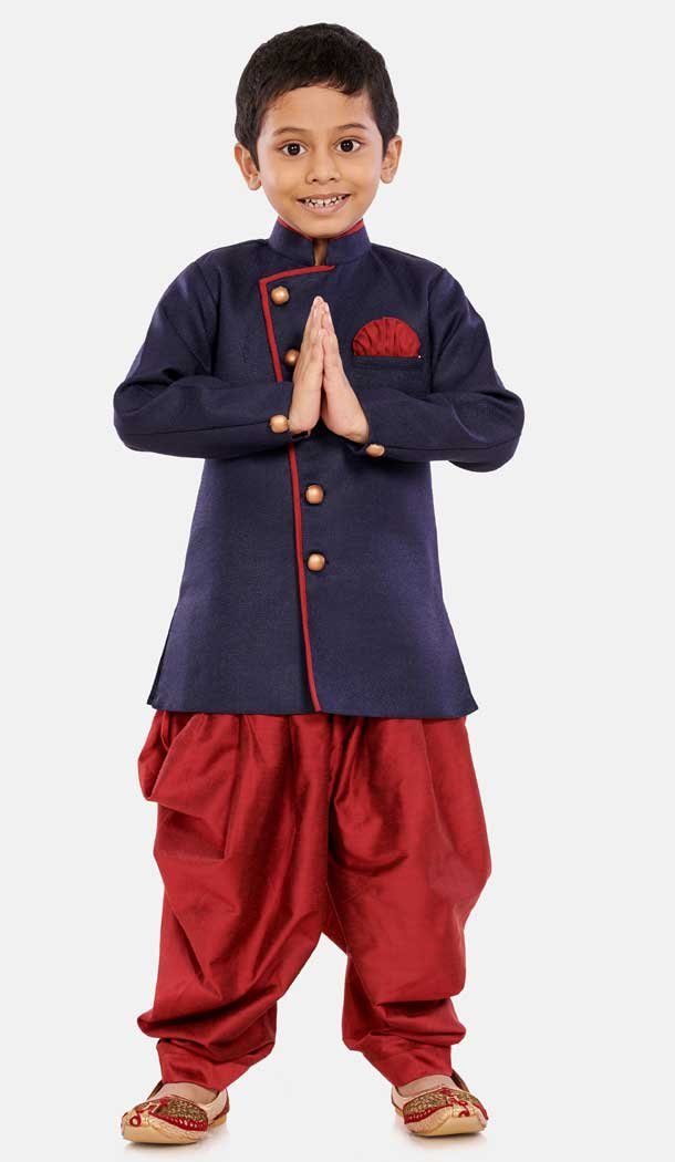 Navy Blue Color Cotton Silk Blend Readymade Designer Boy's Indo Western -813599112