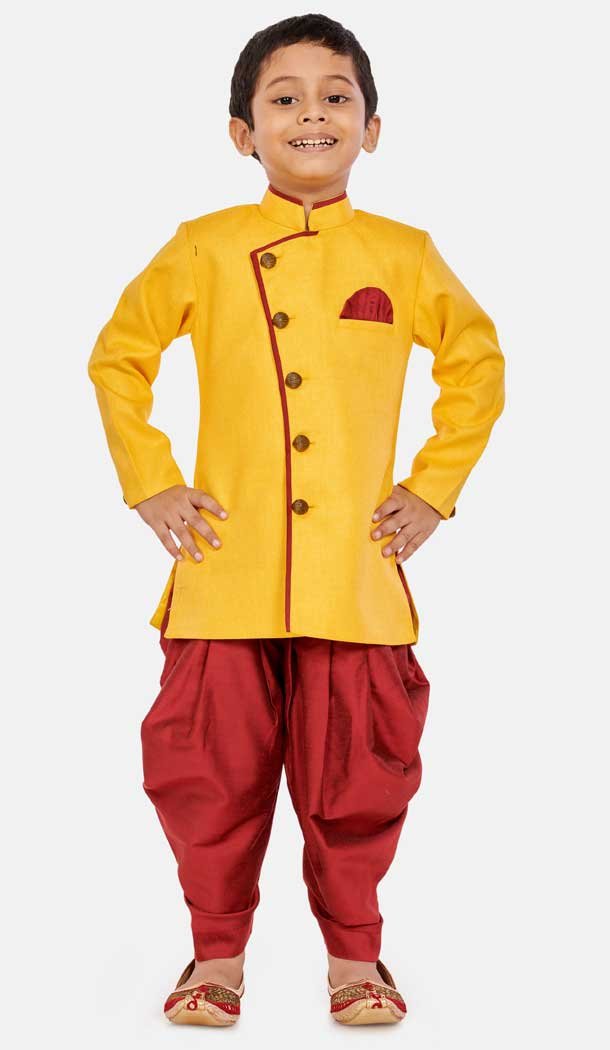 Glamour Yellow Color Cotton Silk Blend Readymade Designer Boy's Indo Western -813599120