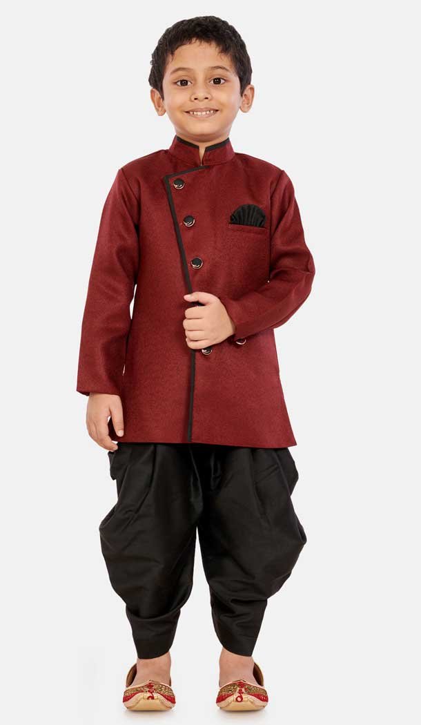 Maroon Color Cotton Silk Blend Readymade Designer Boy's Indo Western -813599128