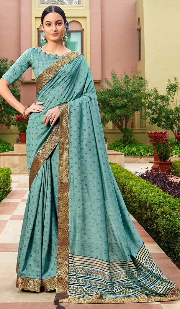 Teal Blue Color Vichitra Silk Casual Party Wear Saree with Fancy Blouse -812899049