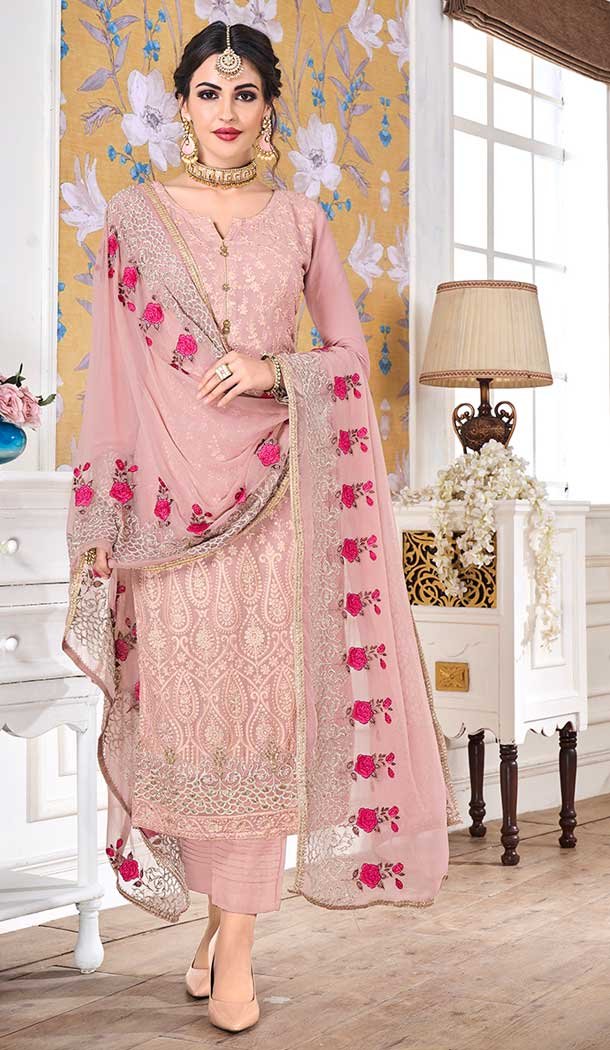 Peach Color Foux Georgette Pakistani Style Salwar Kameez -812999054