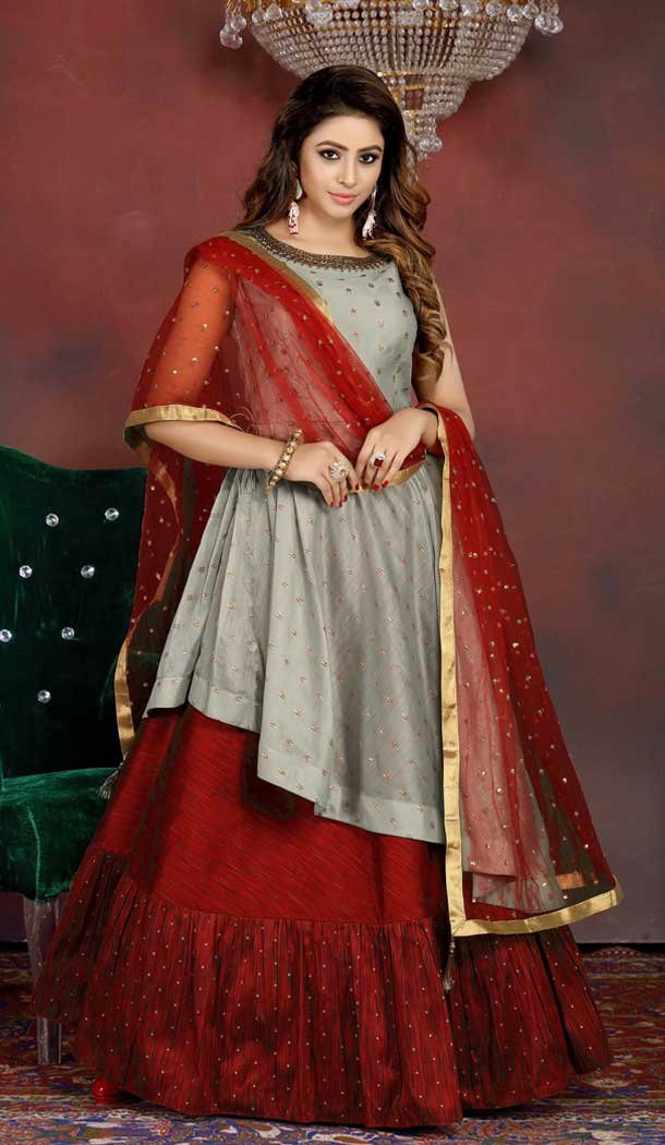 Grey Red Color Chanderi Silk Designer Wedding Party Wear Lehenga Suit -813299081