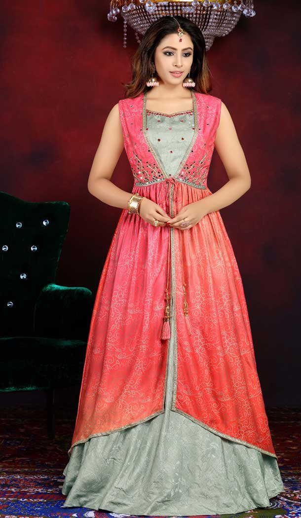 Grey Pink Color Art Silk Designer Long Length Readymade Salwar Kameez -813299089