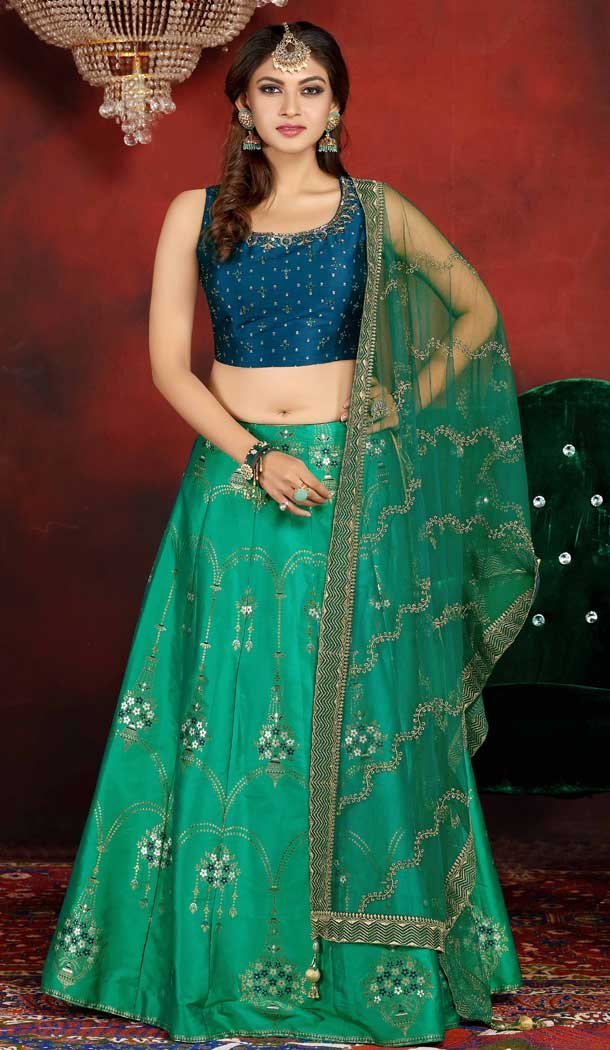 Green Color Banarasi Silk Heavy Designer Readymade Lehenga -813399092