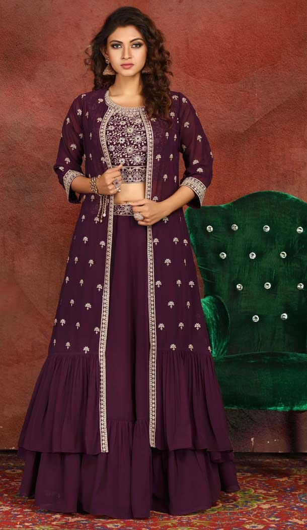 Luscious Wine Color Georgette Heavy Designer Readymade Lehenga With Jacket -813499106