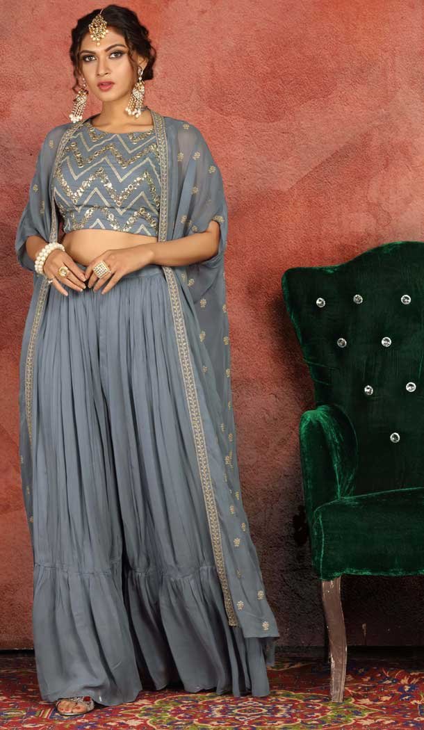 Grey Color Georgette Heavy Designer Readymade Lehenga With Jacket -813499107