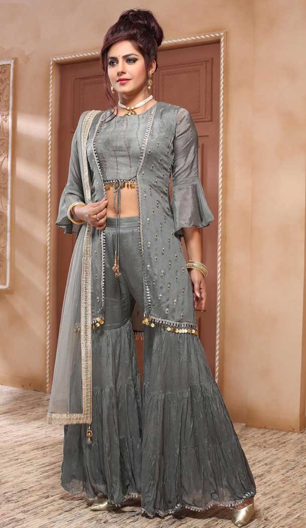Lovely Grey Color Art Silk Heavy Designer Readymade Palazzo Suit -814299188