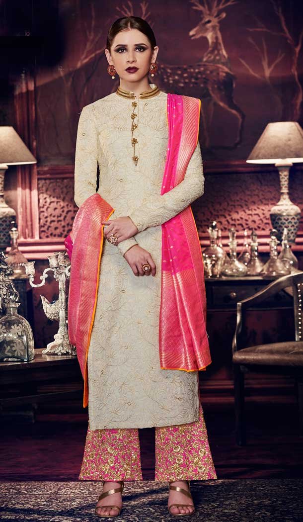 Off White Color Tussar Silk Designer Party Wear Salwar Kameez -814699213