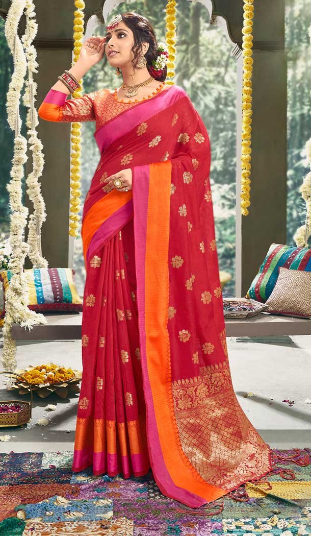 Red Color Cotton Based Fancy Casual Festive Wear Saree -815299255