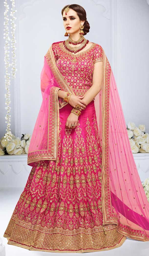 Pink Color Crystal Silk Heavy Wedding Wear Bridal Lehenga Choli -816199365
