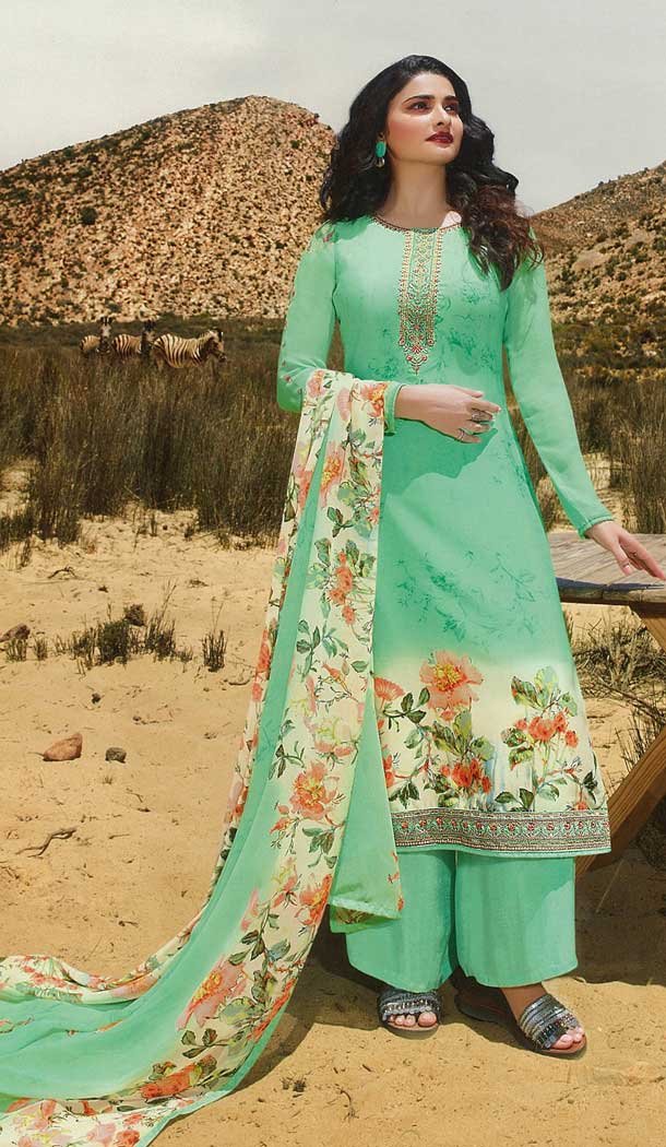 Bollywood Celebrity Prachi Design Sky Green Color Royal Crepe Party Dress -815499268