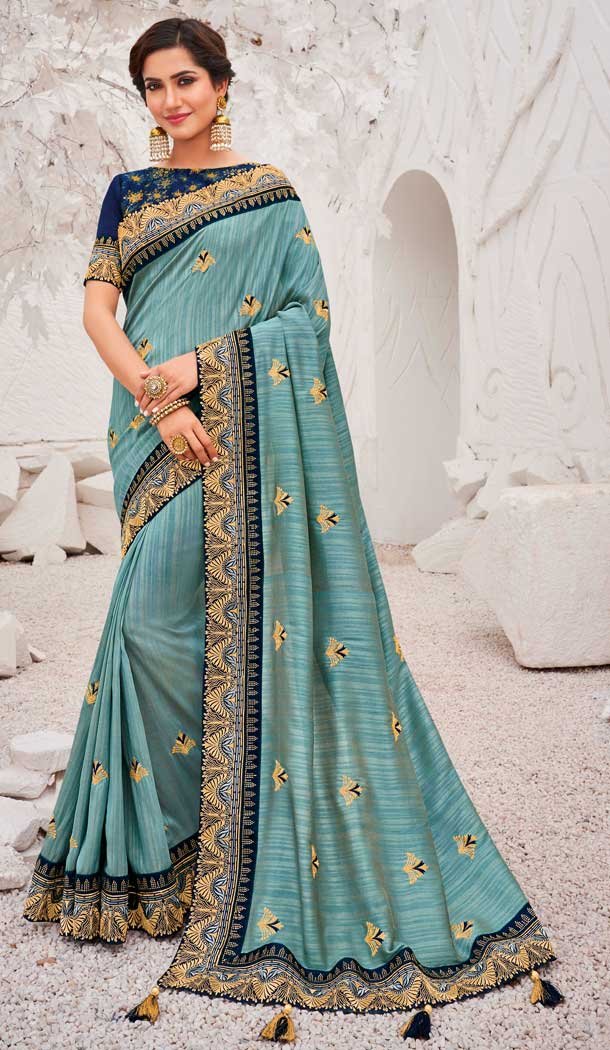 Teal Blue Color Satin Georgette Designer Wear Plus Size Saree Blouse -819499641