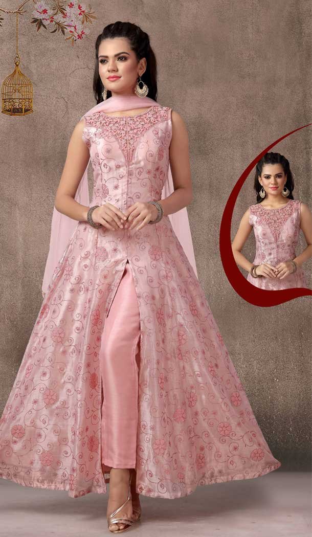 Light Pink Color Orgenza Beads Designer Readymade Indo Weastern Suit -8232100014