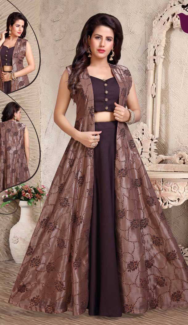 Coffee Color Orgenza Beads Designer Readymade Indo Weastern Suit -8232100017