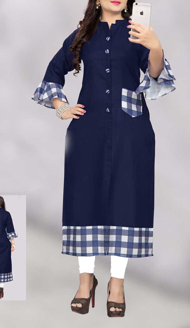 Navy Blue Color Cotton Casual Wear Plus Size Women Long Kurti -8236100045