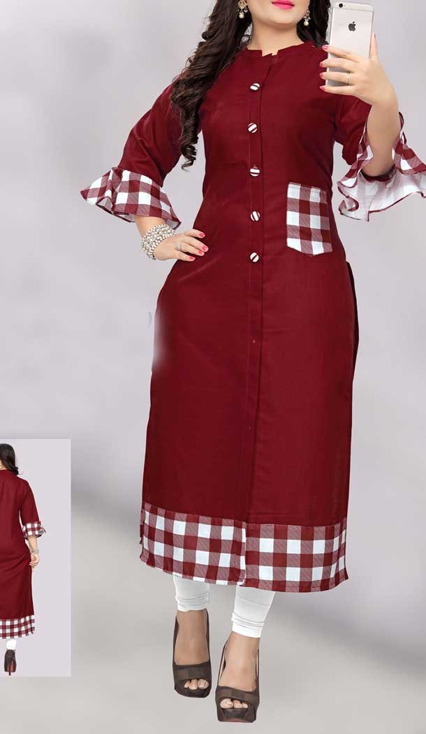 Maroon Color Cotton Casual Wear Plus Size Women Long Kurti -8236100046