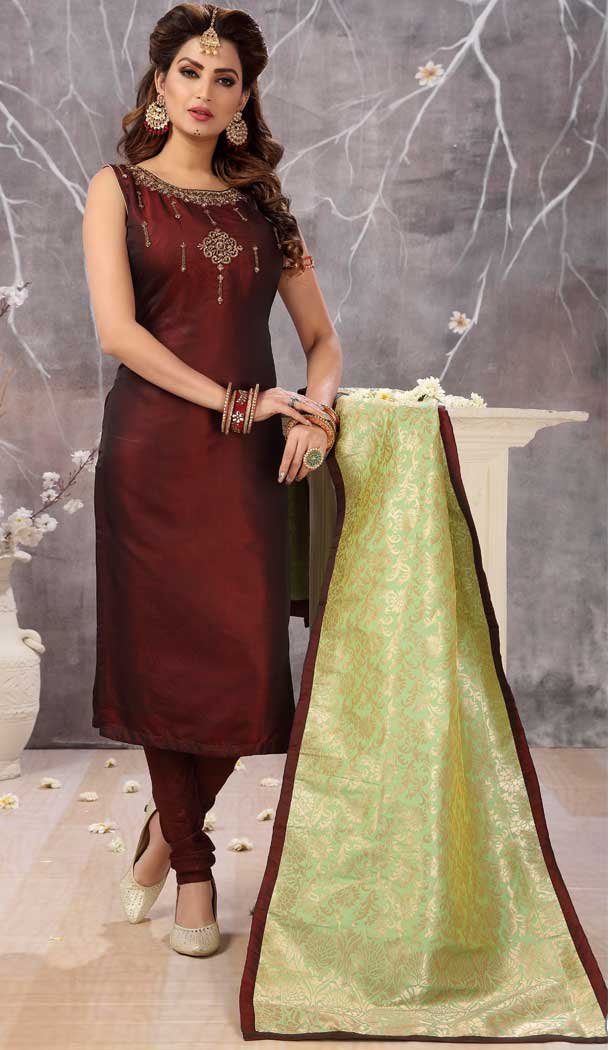 Maroon Color Tafeta Designer Party Wear Ready Made Dresses -8243100128