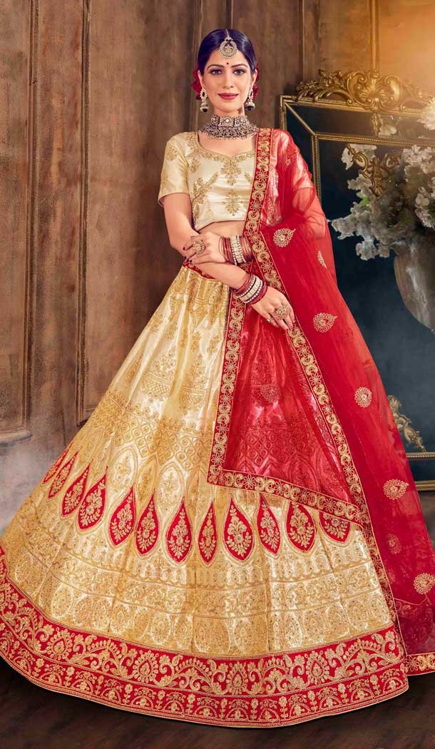 Gold Color Satin Silk Designer Traditional Wear Women Lehenga Choli -8248100167