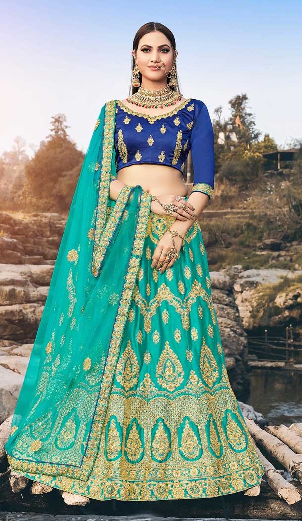 Sea Green Color Satin Silk Heavy Designer Party Wear Lehenga Choli -8250100178