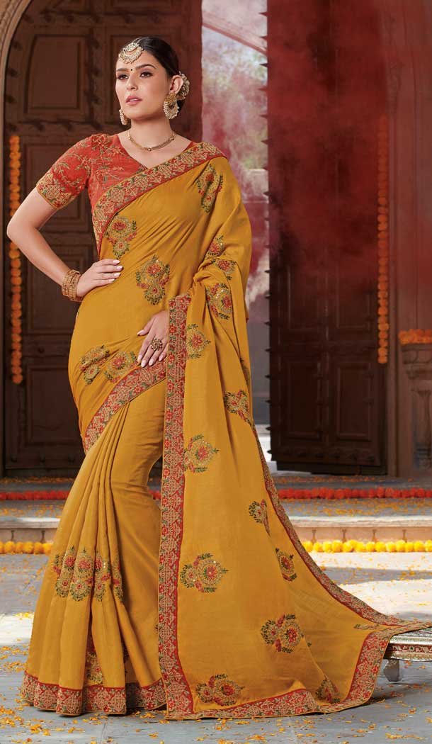 Yellow Color Tussar Silk Designer Party Wear Women Saree Blouse -8259100232
