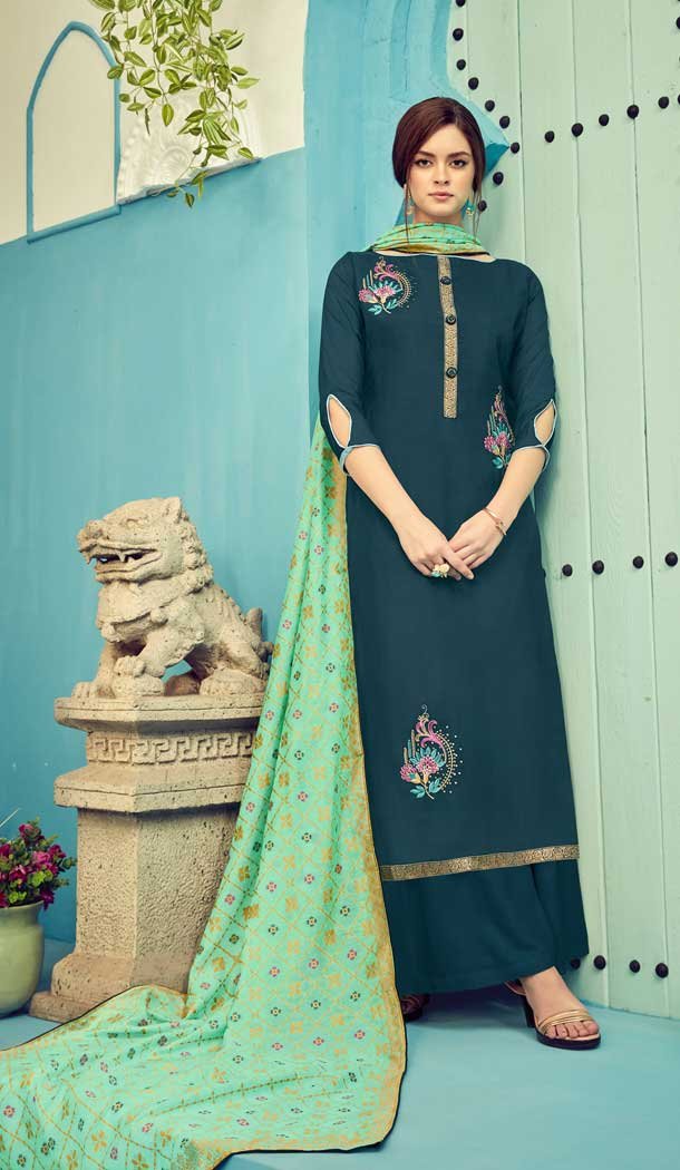 Teal Blue Color Pure Viscose Maslin Evening Party Wear Plazzo Suit -8267100354