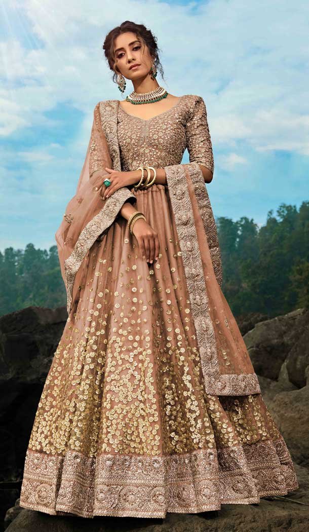 Brown Color Soft Net Wedding Reception Wear Lehenga Choli -8332100934