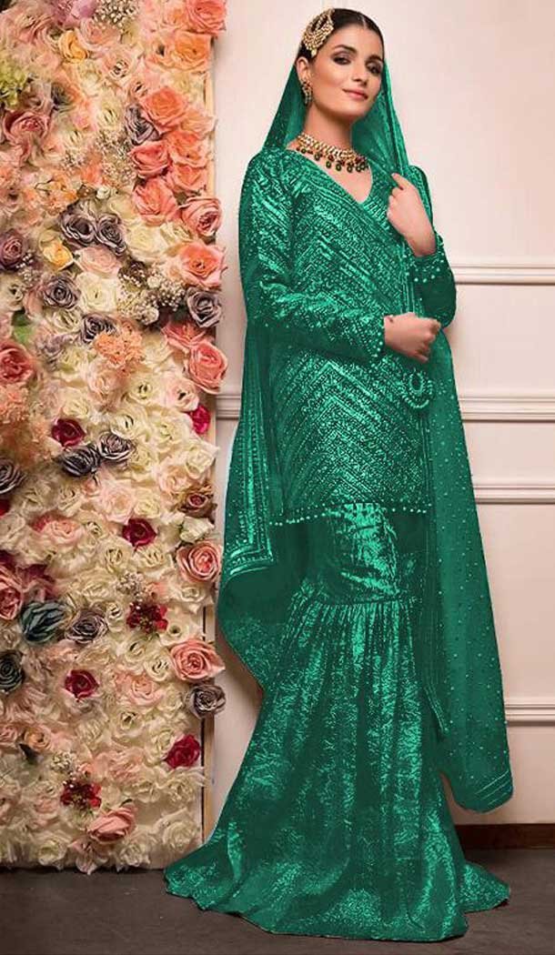 Luscious Green Color Faux Georgette Party Wear Pakistani Style Sharara Suit -8360101205