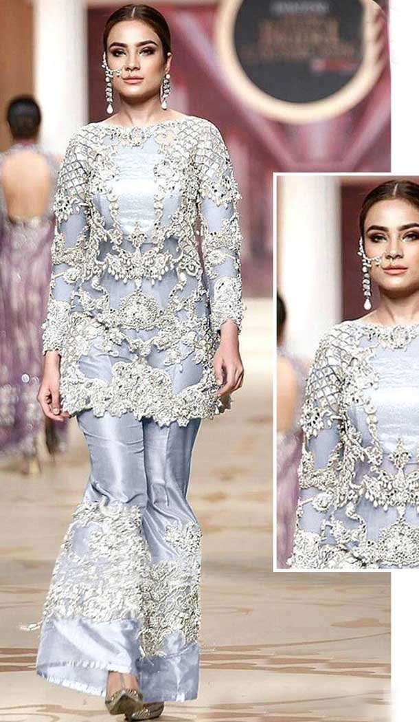 Silver Color Net Designer Party Wear Pakistani Style Palazzo Suit -8361101206