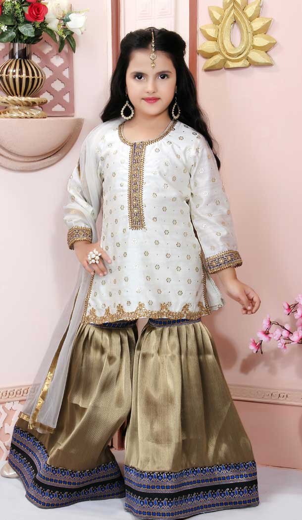 Off White Color Chanderi Silk Designer Party Wear Kids Girl Ready Made Sharara Suit -8423101816