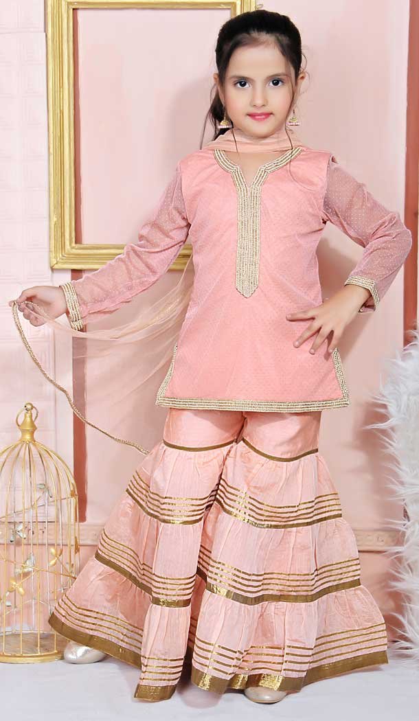 Light Pink Color Net Designer Party Wear Kids Girl Ready Made Sharara Suit -8423101819