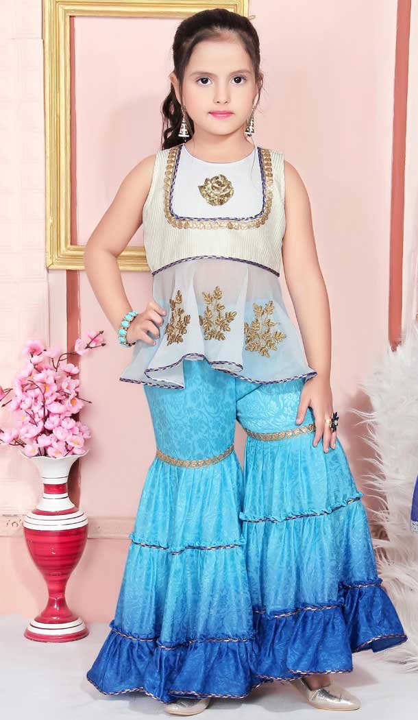 Off White Color Faux Georgette Designer Party Wear Kids Girl Sharara Suit -8423101820