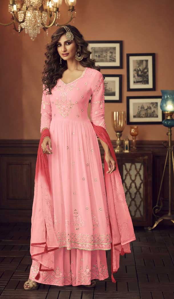 Light Pink Color Foux Georgette Designer Pakistani Style Palazzo Suit -8341100991