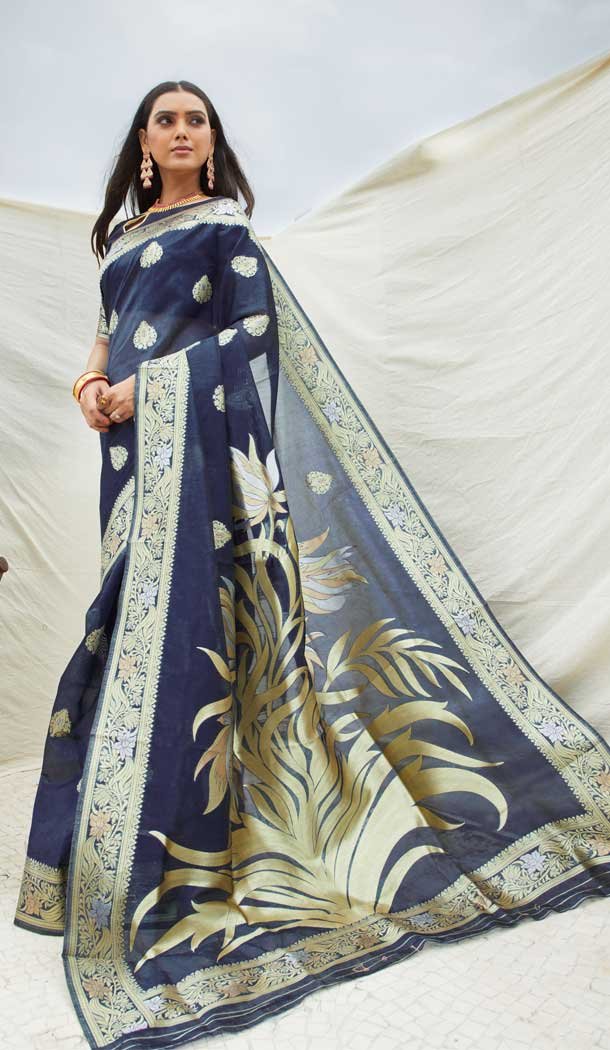 Navy Blue Color Handloom Weaving Silk Traditional Wear Saree Blouse -8386101409