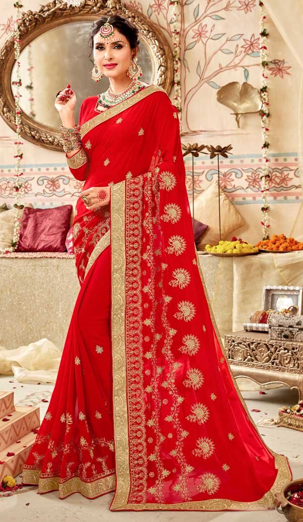 Exotic Red Color Georgette Designer Georgette Traditional Wear Saree -8430101865